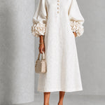 White Floral Button-Down Midi Dress with Striking Floral Cuffs