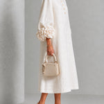 White Floral Button-Down Midi Dress with Striking Floral Cuffs