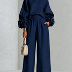 Navy Top Featuring Striking Floral Cuffs Paired With Wide-leg Pants Suit
