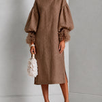 Brown Adjustable Drawstring-waist Midi Dress With Lantern Sleeves And Pleated Ruffle Cuffs