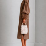 Brown Adjustable Drawstring-waist Midi Dress With Lantern Sleeves And Pleated Ruffle Cuffs