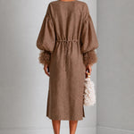 Brown Adjustable Drawstring-waist Midi Dress With Lantern Sleeves And Pleated Ruffle Cuffs