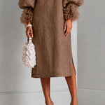 Brown Adjustable Drawstring-waist Midi Dress With Lantern Sleeves And Pleated Ruffle Cuffs
