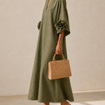 Olive Green V-neck Midi Dress With Striking Floral Cuffs