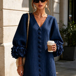 Navy V-Neck Floral Button-Down Mini Dress with Striking Floral Cuffs