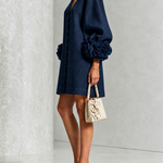 Navy V-Neck Floral Button-Down Mini Dress with Striking Floral Cuffs