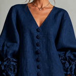Navy V-Neck Floral Button-Down Mini Dress with Striking Floral Cuffs