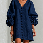 Navy V-Neck Floral Button-Down Mini Dress with Striking Floral Cuffs