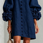 Navy V-Neck Floral Button-Down Mini Dress with Striking Floral Cuffs