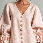 Pink V-Neck Floral Button-Down Mini Dress with Striking Floral Cuffs