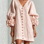 Pink V-Neck Floral Button-Down Mini Dress with Striking Floral Cuffs
