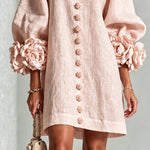 Pink V-Neck Floral Button-Down Mini Dress with Striking Floral Cuffs