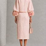 Pink Floral Button-front Top And Skirt Set Featuring Striking Floral Cuffs