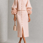 Pink Floral Button-front Top And Skirt Set Featuring Striking Floral Cuffs