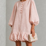 Pink Floral Button-Front Ruffled Puff-Sleeve Mini Dress