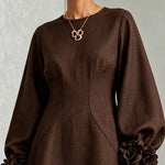 Chocolate Brown A-Line Mini Dress with Striking Floral Cuffs