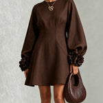 Chocolate Brown A-Line Mini Dress with Striking Floral Cuffs
