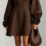 Chocolate Brown A-Line Mini Dress with Striking Floral Cuffs