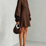 Chocolate Brown A-Line Mini Dress with Striking Floral Cuffs