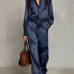 Victoria | Paisley Print Satin Long-Sleeve Shirt & Wide-Leg Trouser Set