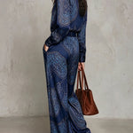 Victoria | Paisley Print Satin Long-Sleeve Shirt & Wide-Leg Trouser Set
