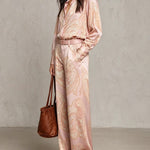 Pink Paisley Print Satin Long-sleeve Shirt And Wide-leg Trousers Set (with belt)