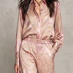 Pink Paisley Print Satin Long-sleeve Shirt And Wide-leg Trousers Set (with belt)