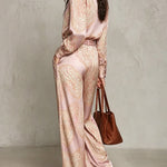 Victoria | Paisley Print Satin Long-Sleeve Shirt & Wide-Leg Trouser Set
