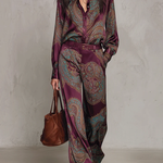 Victoria | Paisley Print Satin Long-Sleeve Shirt & Wide-Leg Trouser Set