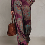 Victoria | Paisley Print Satin Long-Sleeve Shirt & Wide-Leg Trouser Set
