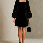 Black Velvet Button-front Mini Dress Featuring Striking Floral Cuffs
