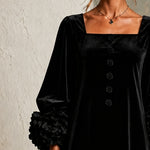 Black Velvet Button-front Mini Dress Featuring Striking Floral Cuffs