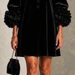 Black Velvet Button-front Mini Dress Featuring Striking Floral Cuffs