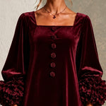 Burgundy Velvet Button-front Mini Dress Featuring Striking Floral Cuffs