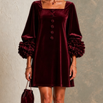 Burgundy Velvet Button-front Mini Dress Featuring Striking Floral Cuffs