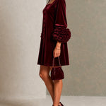 Burgundy Velvet Button-front Mini Dress Featuring Striking Floral Cuffs