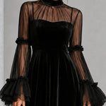 Black Velvet And Sheer Mesh Spliced Pleated Midi Dress