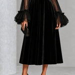 Black Velvet And Sheer Mesh Spliced Pleated Midi Dress