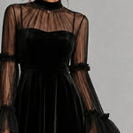 Black Velvet And Sheer Mesh Spliced Pleated Midi Dress