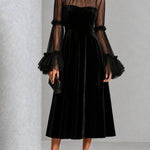 Genevieve | Black Velvet Midi Dress with Sheer Ruffle Sleeves