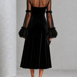 Genevieve | Black Velvet Midi Dress with Sheer Ruffle Sleeves