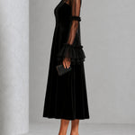 Genevieve | Black Velvet Midi Dress with Sheer Ruffle Sleeves
