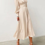Satin Solid Balloon Sleeve V Neck Midi Dress