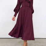 Satin Solid Balloon Sleeve V Neck Midi Dress