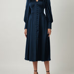 Satin Solid Balloon Sleeve V Neck Midi Dress