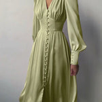 Satin Solid Balloon Sleeve V Neck Midi Dress