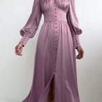 Satin Solid Balloon Sleeve V Neck Midi Dress