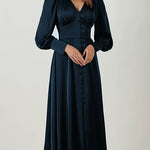 Satin Solid Balloon Sleeve V Neck Midi Dress