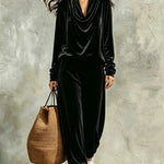 Black Velvet Cowl-neck Top And Loose-fitting Cuffed-hem Pants Set