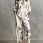 Ivory Satin V-Neck Butterfly-Print Top and Wide-Leg Trousers Set